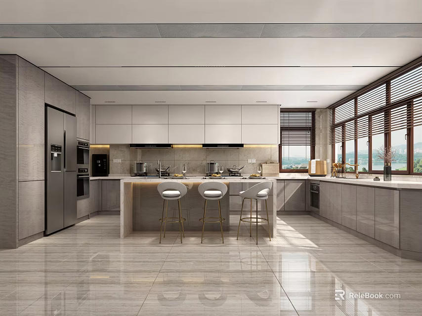 Modern Kitchen With Gray Cabinets Island Bar Stools Large Windows And Scenic View 3d model