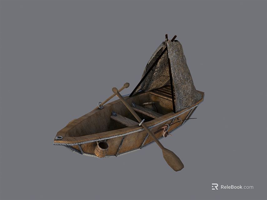 Traditional Wooden Boat With Oar Canvas Cover And Gray Backdrop Structural Details 3d model 