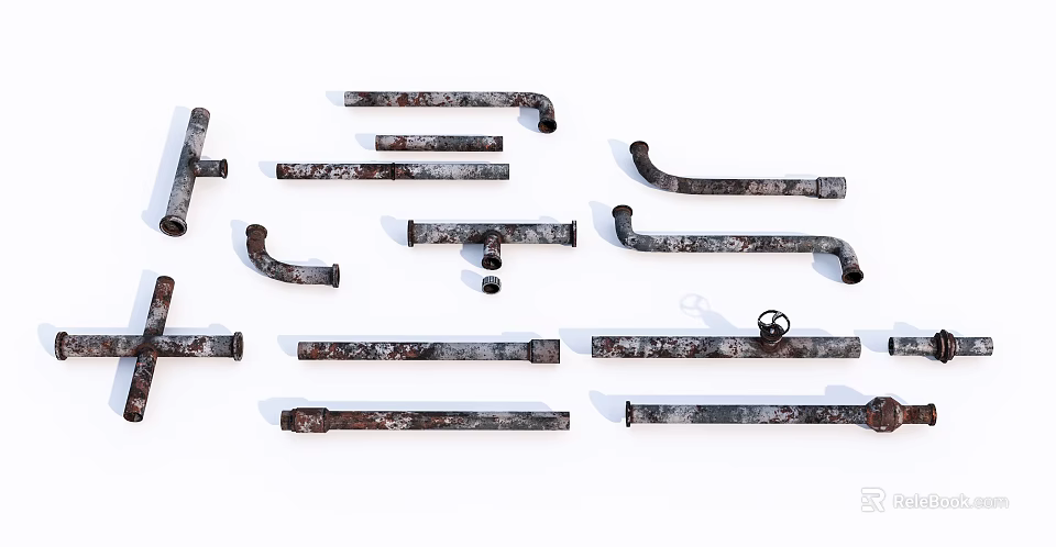 Rusty Metal Pipes In Various Shapes Including Straight Bends Tees And Valve 3d model 