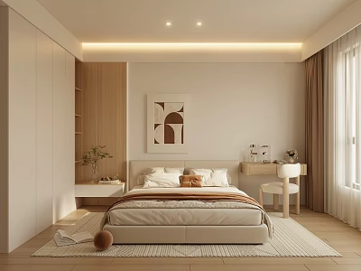 Modern Bedroom Interior With Wooden Wardrobe Beige Bed Desk Chair Carpet And Ambient Lighting 3d model