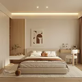 Modern Bedroom Interior With Wooden Wardrobe Beige Bed Desk Chair Carpet And Ambient Lighting