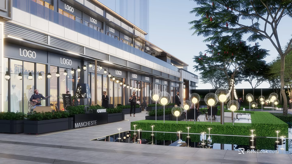 Modern Commercial Street With Glass Storefronts Pedestrians Round Landscape Lights And Lush Greenery 3d model 