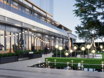 Modern Commercial Street With Glass Storefronts Pedestrians Round Landscape Lights And Lush Greenery 3d model