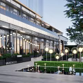 Modern Commercial Street With Glass Storefronts Pedestrians Round Landscape Lights And Lush Greenery