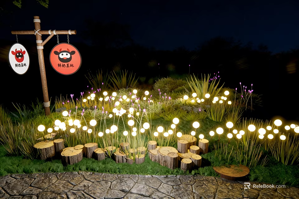 Outdoor Decorative Lights In Garden With Wooden Stumps Grass And Cartoon Sign 3d model 