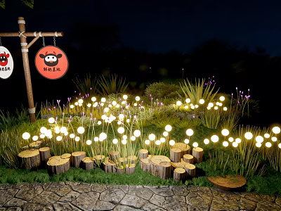 Outdoor Decorative Lights In Garden With Wooden Stumps Grass And Cartoon Sign 3d model