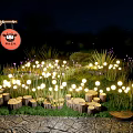 Outdoor Decorative Lights In Garden With Wooden Stumps Grass And Cartoon Sign