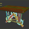 Wooden Tabletop Mechanical Structure With Colorful Gears And Metal Support