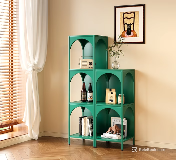 Green Arched Shelving Unit With Radio Vase Wine Bottles Books And Magazines In Beige Wall 3d model 