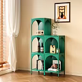 Green Arched Shelving Unit With Radio Vase Wine Bottles Books And Magazines In Beige Wall