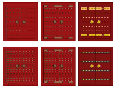Traditional Red Double Doors With Brass Nails Door Knockers And Golden Accents 3d model