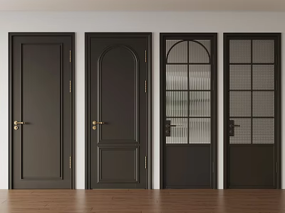 Black Interior Doors With Various Designs Glass Panels And Golden Handles On Wooden Floor 3d model