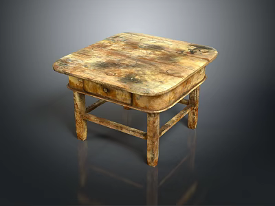 Vintage Wooden Coffee Table with Worn Surface Texture and Single Drawer Design Sturdy Four Legs 3d model