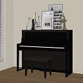 Black Piano With Stool Framed Artwork Brass Trumpet And Vase In Room Corner