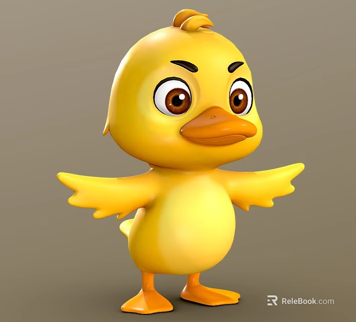 Yellow 3D Cartoon Duckling Character With Big Eyes And Spread Wings 3d model 