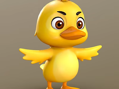 Yellow 3D Cartoon Duckling Character With Big Eyes And Spread Wings 3d model