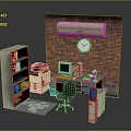 Office Interior Setup With Brick Wall Air Conditioner Clock Bookshelf Printer Computer Desk And Chair