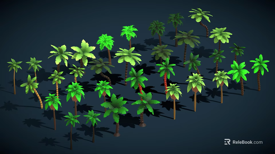 Green Palm Trees of Various Sizes with Shadows on Dark Background 3d model 