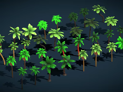 Green Palm Trees of Various Sizes with Shadows on Dark Background 3d model