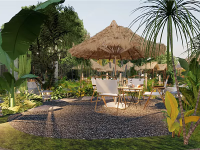 Tropical Garden Landscape With Thatched Roof Umbrella Outdoor Tables Chairs And Lush Greenery 3d model