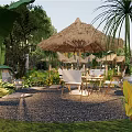 Tropical Garden Landscape With Thatched Roof Umbrella Outdoor Tables Chairs And Lush Greenery