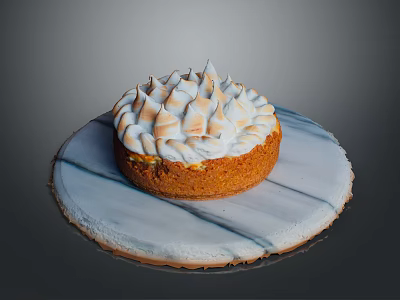Delicious Golden Cake With Fluffy Meringue Topping On Marble Serving Tray 3d model