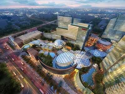 Modern Urban Commercial Area With Skyscrapers Glass Facades And Circular Structures 3d model