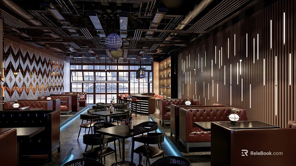 Modern Bar Interior Featuring Large Windows Dark Wooden Walls Red Leather Booths And Black Seating 3d model 