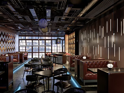 Modern Bar Interior Featuring Large Windows Dark Wooden Walls Red Leather Booths And Black Seating 3d model