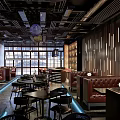 Modern Bar Interior Featuring Large Windows Dark Wooden Walls Red Leather Booths And Black Seating