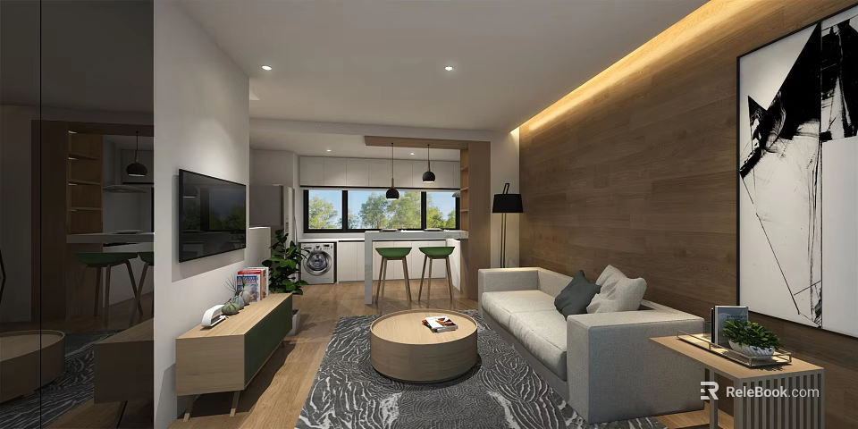 Modern Apartment Living Room With Open Kitchen White Sofa Gray Rug And Wooden Accent Wall 3d model 