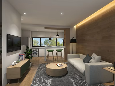 Modern Apartment Living Room With Open Kitchen White Sofa Gray Rug And Wooden Accent Wall 3d model