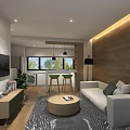 Modern Apartment Living Room With Open Kitchen White Sofa Gray Rug And Wooden Accent Wall