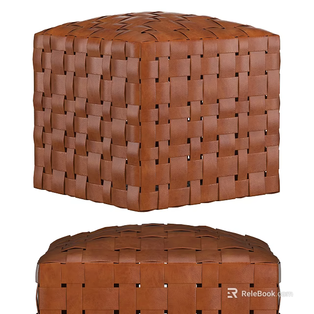 Handwoven Brown Leather Stool With Classic Grid Pattern For Modern Indoor Seating Decor 3d model 