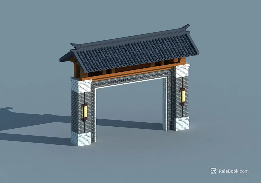 Traditional Chinese Style Entrance Gate With Tiled Roof Gray Brick Walls And Wooden Lanterns 3d model 