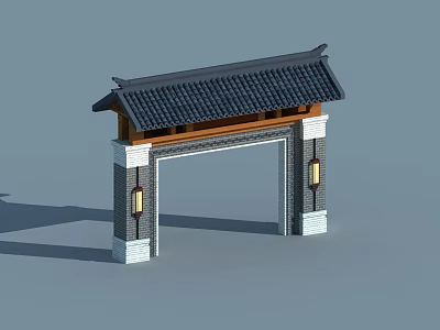 Traditional Chinese Style Entrance Gate With Tiled Roof Gray Brick Walls And Wooden Lanterns 3d model