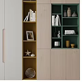 Modern Green And Wooden Decorative Cabinet With Shelves Holding Books Vases And Decorations