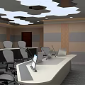 Modern Conference Room With Multiple Computer Screens Microphones Large Display Screen And People In Meeting