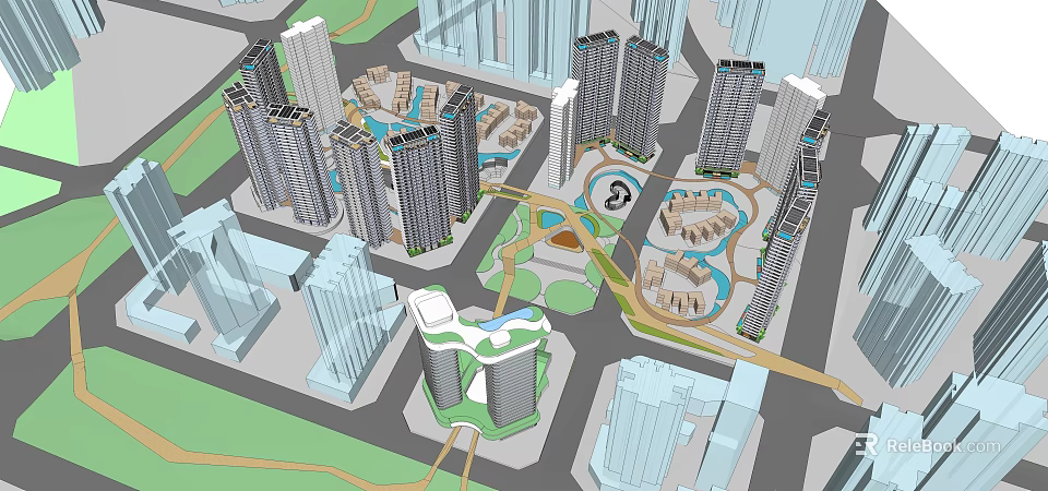 Modern Urban Layout With Tall Buildings Green Spaces Circular Plazas And Road Networks 3d model 