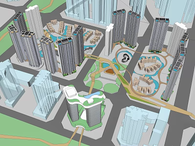 Modern Urban Layout With Tall Buildings Green Spaces Circular Plazas And Road Networks 3d model