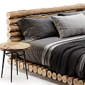 Natural Rustic Double Bed With Round Log Frame Soft Gray Bedding And Small Side Tables