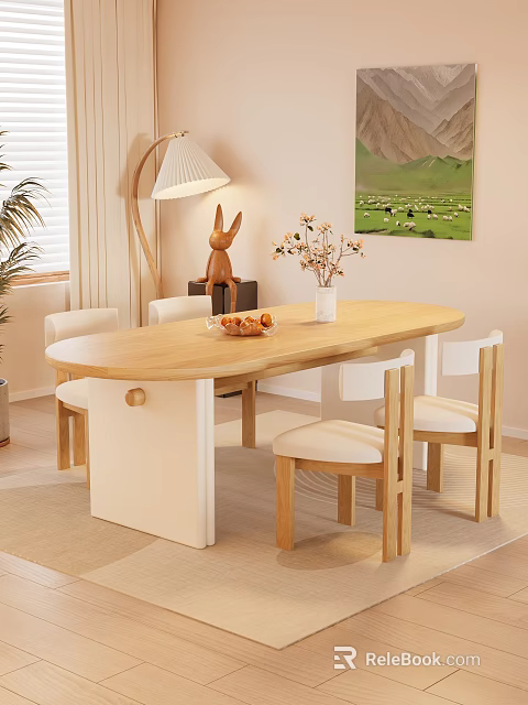 Oval Wooden Dining Table Set with Light Colored Chairs Upholstered Seats Vase Flowers Fruit Plate 3d model 