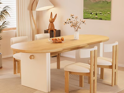 Oval Wooden Dining Table Set with Light Colored Chairs Upholstered Seats Vase Flowers Fruit Plate 3d model