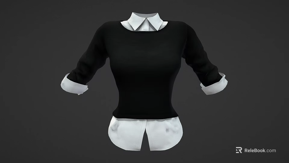 Fashionable Fitted Black Sweater With White Shirt Collar And Cuffed Sleeves 3d model 