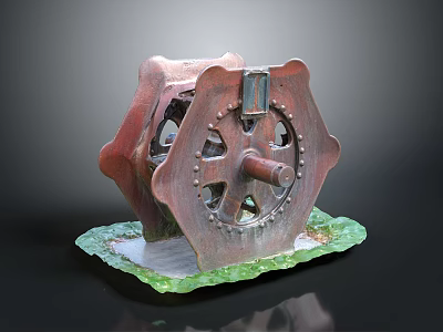 Vintage Mechanical Decorative Household Ornament With Rusty Red Metal Structure And Green Base 3d model