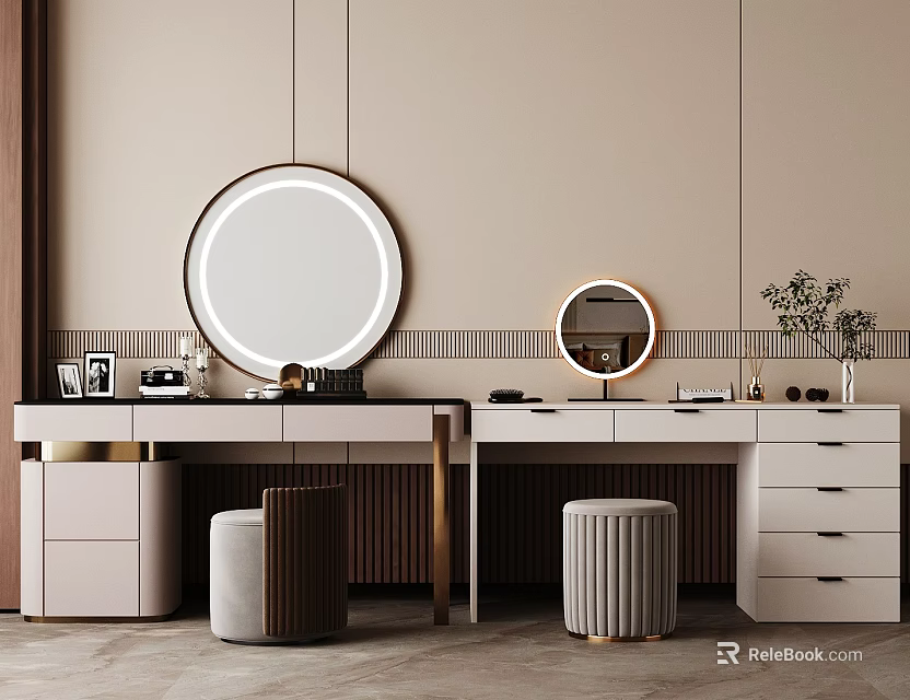 Modern Dressing Table Interior Design with Round Mirror Stools Drawers and Decor Accents 3d model 