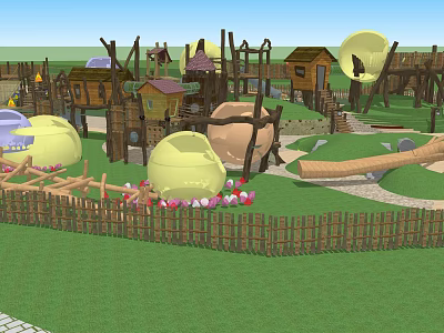 Children's Playground With Wooden Structures Small Houses Egg Shaped Objects Fence Green Lawn Paths 3d model