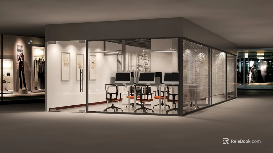 Modern Spacious Office Interior With Glass Partition Computers And Ergonomic Chairs 3d model 