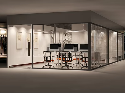Modern Spacious Office Interior With Glass Partition Computers And Ergonomic Chairs 3d model