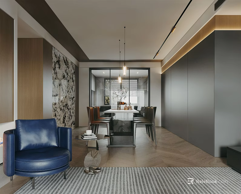 Modern Restaurant Interior With Blue Leather Chair Dining Table Pendant Lights And Geometric Wall Decor 3d model 